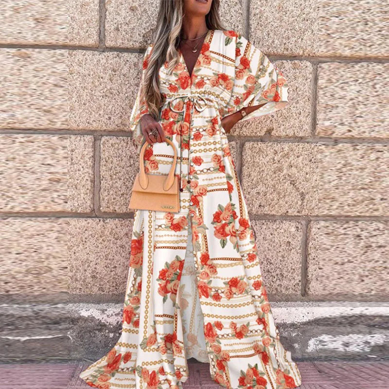 V neck maxi dress ( Multi Prints )